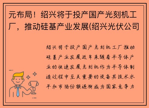 元布局！绍兴将于投产国产光刻机工厂，推动硅基产业发展(绍兴光伏公司有哪些)