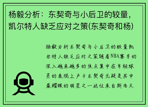 杨毅分析：东契奇与小后卫的较量，凯尔特人缺乏应对之策(东契奇和杨)