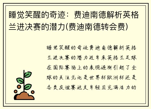 睡觉笑醒的奇迹：费迪南德解析英格兰进决赛的潜力(费迪南德转会费)