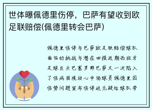 世体曝佩德里伤停，巴萨有望收到欧足联赔偿(佩德里转会巴萨)